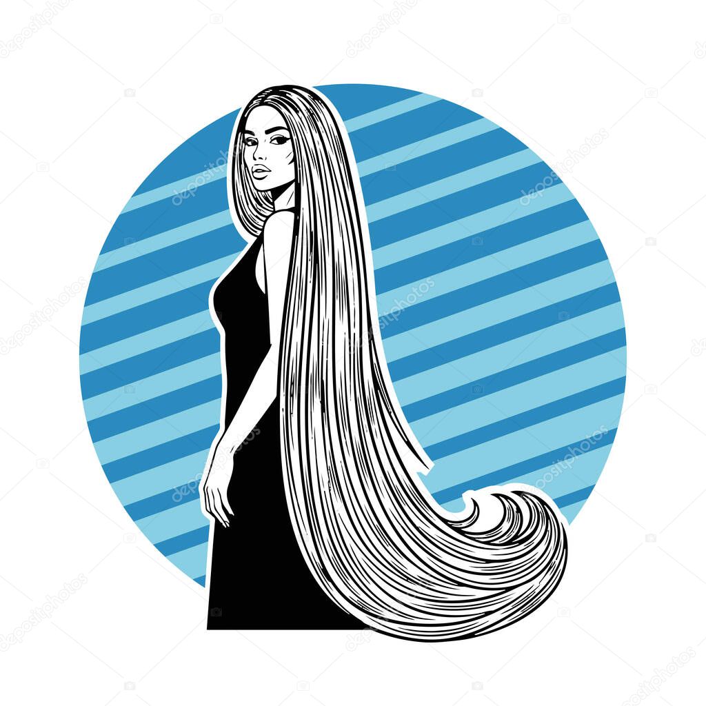 Elegant Woman with Extra Long Flowing Hair, black and white vector illustration