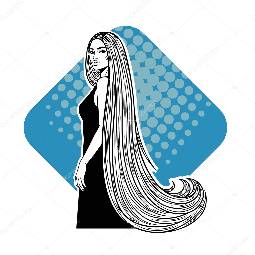 Elegant Woman with Extra Long Flowing Hair, black and white vector illustration