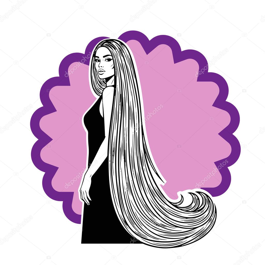 Elegant Woman with Extra Long Flowing Hair, black and white vector illustration