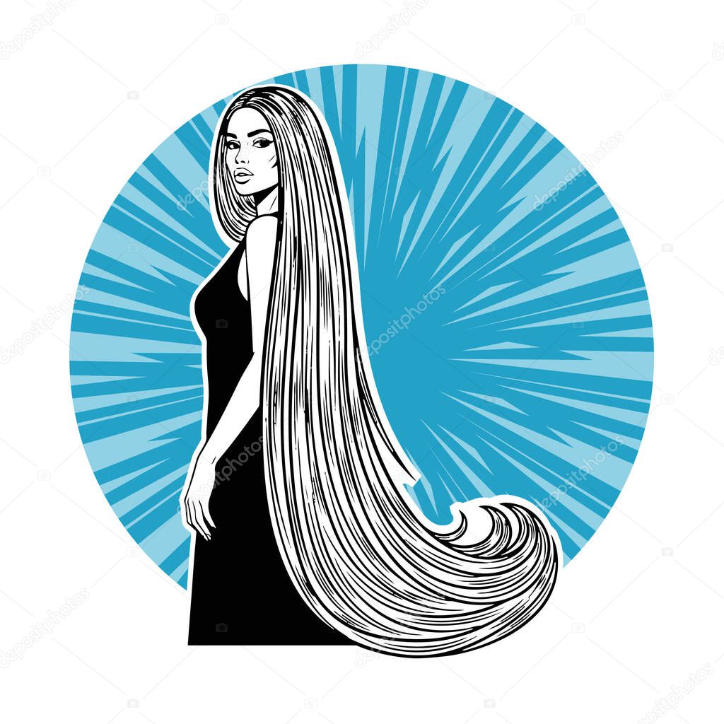 Elegant Woman with Extra Long Flowing Hair, black and white vector illustration