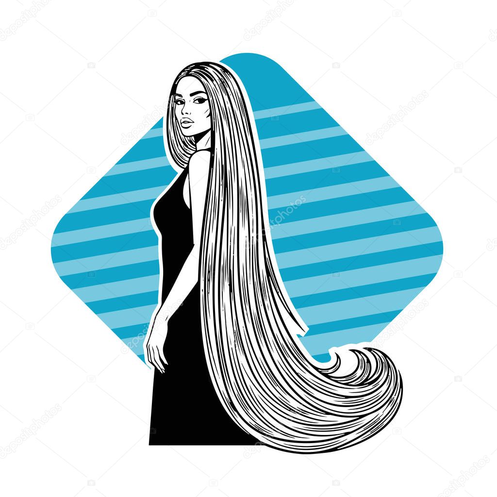 Elegant Woman with Extra Long Flowing Hair, black and white vector illustration