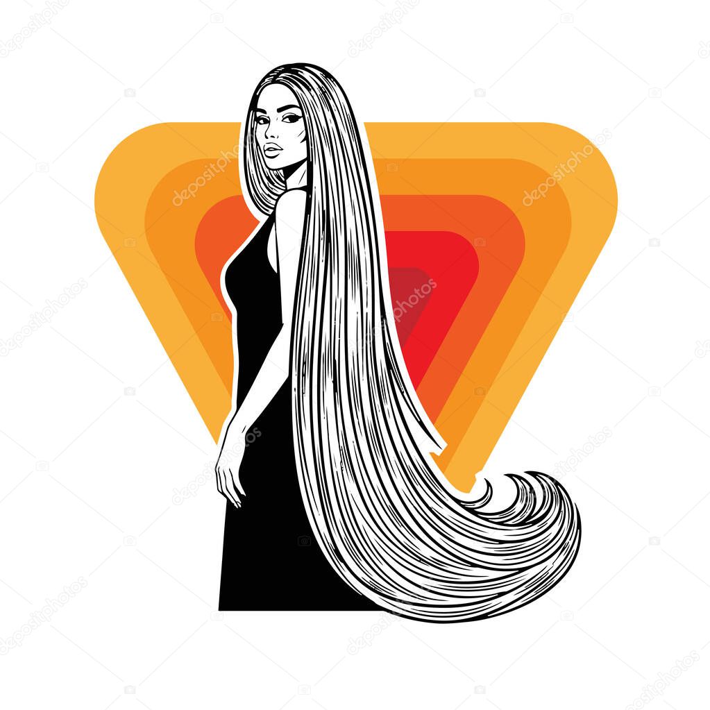 Elegant Woman with Extra Long Flowing Hair, black and white vector illustration