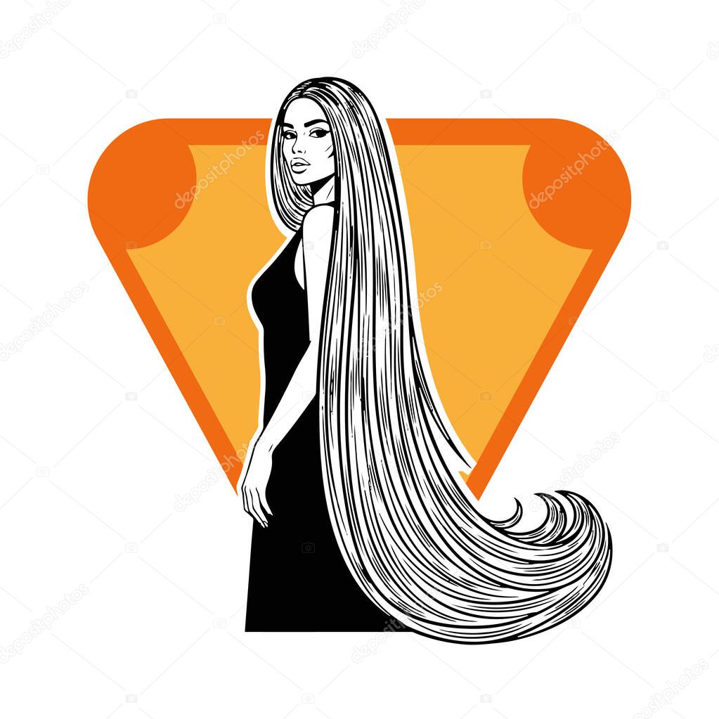 Elegant Woman with Extra Long Flowing Hair, black and white vector illustration