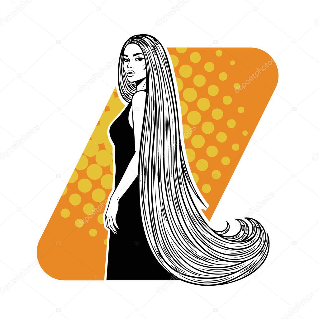 Elegant Woman with Extra Long Flowing Hair, black and white vector illustration
