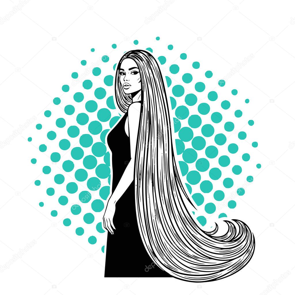 Elegant Woman with Extra Long Flowing Hair, black and white vector illustration