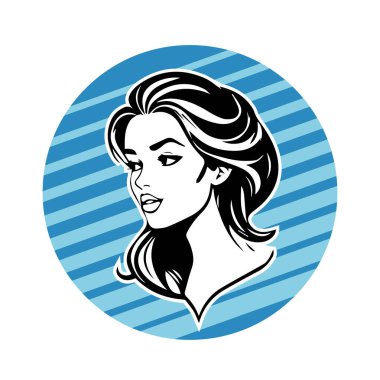 Kabarık saçlı kadın portresi. Siyah beyaz vektör çizimi.