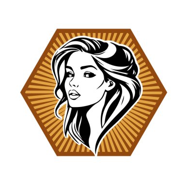 Akan Koyu Saçlı Şık Kadın, siyah beyaz vektör çizimi