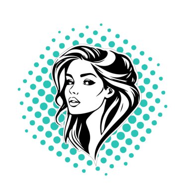 Akan Koyu Saçlı Şık Kadın, siyah beyaz vektör çizimi