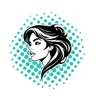 Akan Koyu Saçlı Şık Kadın, siyah beyaz vektör çizimi