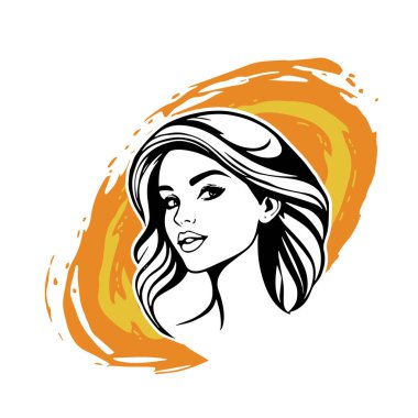 Uçan Saçlı Şık Kadın, siyah beyaz vektör çizimi