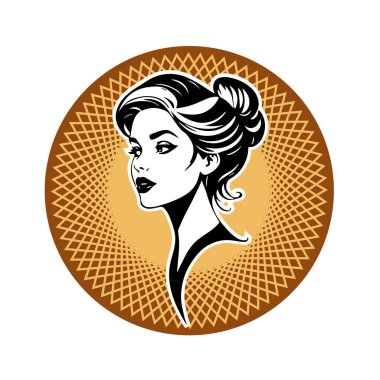 Siyah-beyaz vektör tarzıyla çizilmiş Retro Updo saç stiline sahip zarif bir kadın.