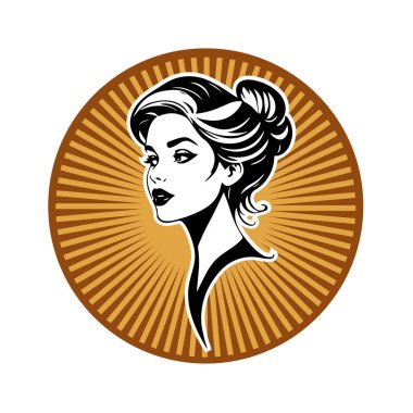 Siyah-beyaz vektör tarzıyla çizilmiş Retro Updo saç stiline sahip zarif bir kadın.