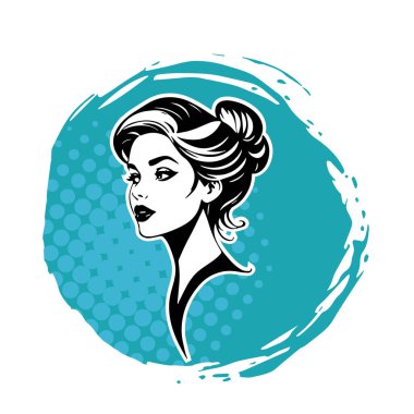 Siyah-beyaz vektör tarzıyla çizilmiş Retro Updo saç stiline sahip zarif bir kadın.