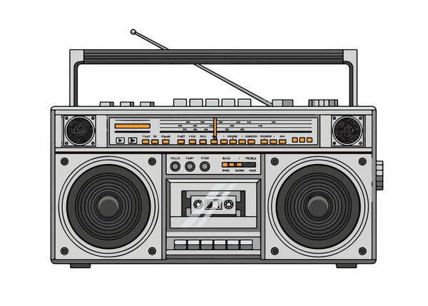 A boombox radio cassette player, flat vector illustration, front view