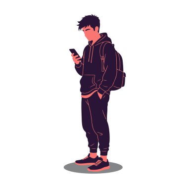 Genç bir erkek karakterin düz vektör çizimi gelişigüzel duruyor ve akıllı telefonuna bakıyor. Bir el cepte, diğeri telefonu tutuyor. O, bir omuz üzerine asılı bir sırt çantası ile gündelik giysiler ve spor ayakkabıları giyiyor..
