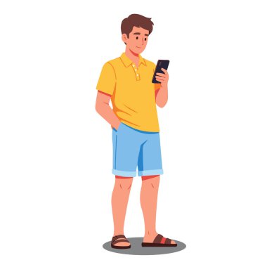 Yaz Kıyafetinde Genç Erkek Karakter Akıllı Telefon Düz Vektör Resmine Bakıyor
