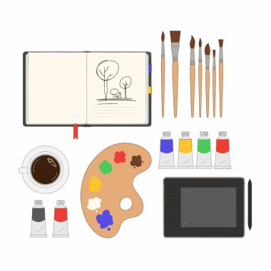 Yaratıcı Sanatçı Stüdyo Araçları Kurulumunun Düz Vektör İllüstrasyonu
