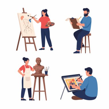 Düz Vektör Sanatçı Karakterleri Yaratıcı Etkinliklerde Paketlendi