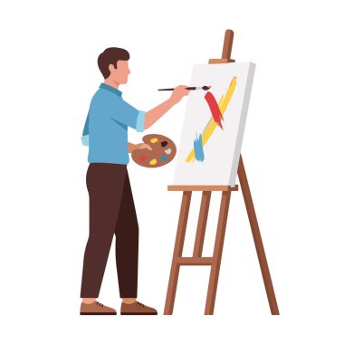 Faaliyetteki bir erkek sanatçının düz vektör karakteri: sehpada resim