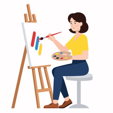 Faaliyetteki bir kadın sanatçının düz vektör karakteri: sehpada resim