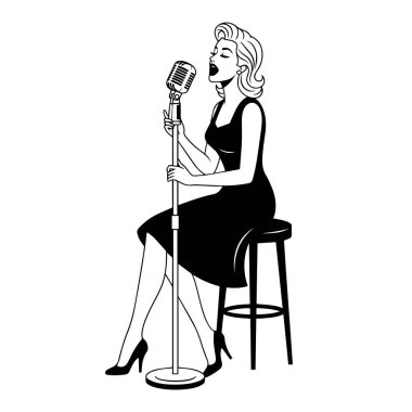 Siyah ve Beyaz Retro Şarkıcı Vektör İllüzyon Seti, Tam Vücut Şarkı Söyleyen Pozisyonlar, Beyaz Arkaplanda İzole Edildi