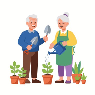 Yaşlı Çift Bahçecilik Düz Vektör İllüstrasyonu