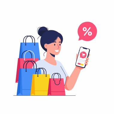 Çevrimiçi Alışveriş Kadını Düz Vektör İllüstrasyonu