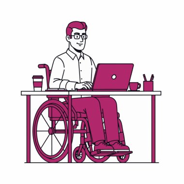 Ofisteki Tekerlekli Sandalye Kullanıcısı Düz Vektör İlülasyonu