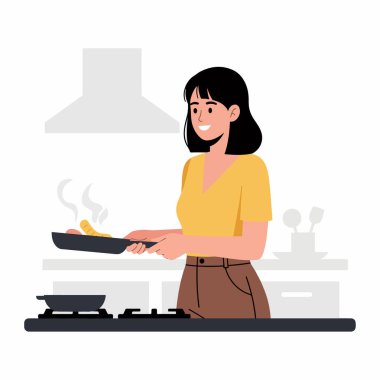 Evde Düz Vektör İllüstrasyonunda Genç Kadın Yemek Pişiriyor