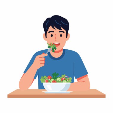 Sağlıklı Salata Yiyen Adam Düz Vektör İllüstrasyonu