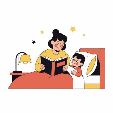 Ebeveyn, Çocuk Düz Vektör Resimlerine Yatma Vakti Hikayesi Okuyor