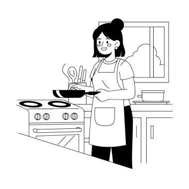 Akşam Yemeğini Pişiren Kadın Düz Vektör İllüstrasyonu