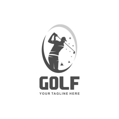 Golf logosu tasarımı. Golf sopası simgesi golfçü topa vuruyor, tasarım ihtiyacınıza, logoya, resimlere, animasyona uygun, vs..