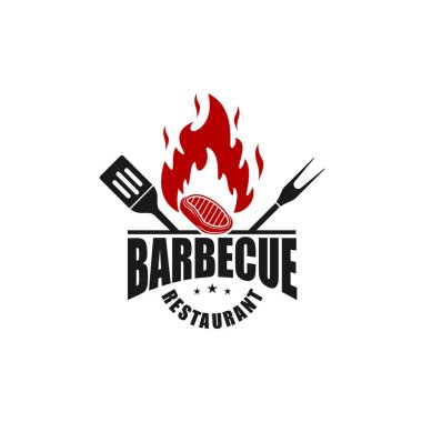 Barbekü logosu tasarımı. Yemek veya ızgara şablonu. Vektör illüstrasyon kavramı, tasarım ihtiyaçlarınız, logonuz, illüstrasyonunuz, animasyonunuz vs. için uygun.