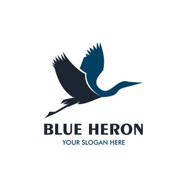 Mavi balıkçıl logosu beyaz arka planda izole edilmiş. Logo için mavi balıkçıl tasarla. Mavi balıkçıl logo şablonunun basit ve temiz tasarımı. Tasarım ihtiyacın, logon, illüstrasyonun, animasyonun için uygun.