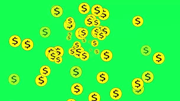 緑の背景や緑の画面に雨のように落ちるドル記号を持つ黄色のコイン — ストック動画