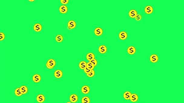 Желтая Монета Табличкой Доллара Падающей Дождь Зеленый Фон Зеленый Экран — стоковое видео