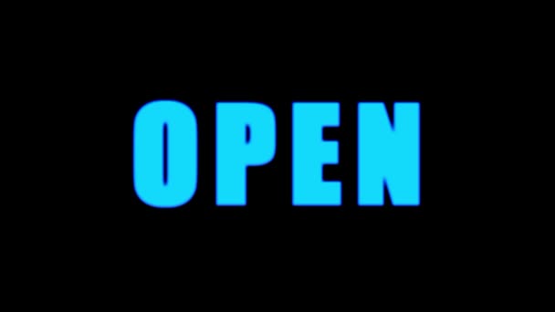 Neon Modrá Zářící Open Textové Video Černém Pozadí — Stock video