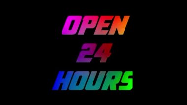 Renkli neon ışıkları 24 saat açık. Neon Light Disko İşareti. 3d Canlandırılmış Parlak Elektrik Harfleri Siyah Arkaplan ile 24 Saat Açık