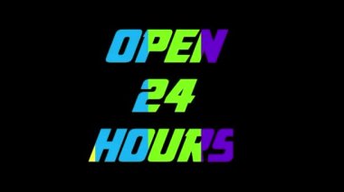 Renkli neon ışıkları 24 saat açık. Neon Light Disko İşareti. 3d Canlandırılmış Parlak Elektrik Harfleri Siyah Arkaplan ile 24 Saat Açık