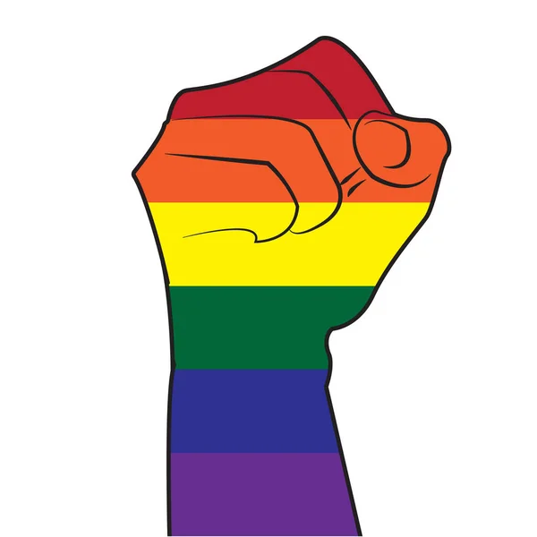 Yumrukları havada gökkuşağı renkli eller. Gay gururu. LGBT konsepti. Renkli illüstrasyon. Çıkartma, yapıştırma, tişört baskısı, logo tasarımı.
