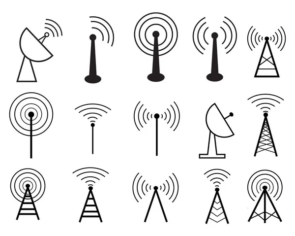 Radio Tower Pole Linear Icons Set Radio Communication Tower Transmitter — Stockový vektor
