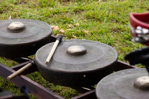 Bir kutlama etkinliğinde yeşil çimenlik arka planda gamelan