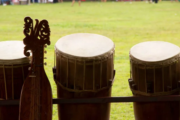 stock image Gendang and Dayak Sampe on a green grass background, gendang and sampe dayak