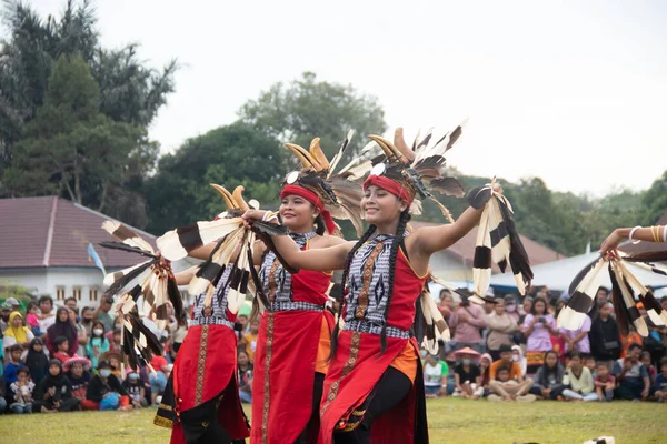 Linggang Bigung, Batı Kutai, Doğu Kalimantan, Endonezya - 1 Kasım 2022 - Dayak dansçıları Linggang Bigung köyünün doğum günü kültür festivali, Tunjung ve Benuaq Dayak gantar dansları ve diğer dansları 