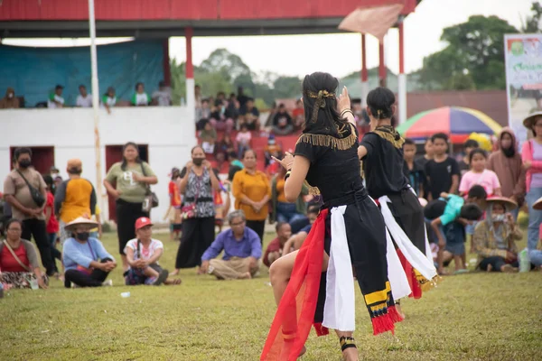 Linggang Bigung, Batı Kutai, Doğu Kalimantan, Endonezya - 1 Kasım 2022 - Dayak dansçıları Linggang Bigung köyünün doğum günü kültür festivali, Tunjung ve Benuaq Dayak gantar dansları ve diğer dansları 