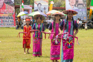 Linggang Bigung, Batı Kutai, Doğu Kalimantan, Endonezya - 1 Kasım 2022 - Dayak dansçıları Linggang Bigung köyünün doğum günü kültür festivali, Tunjung ve Benuaq Dayak gantar dansları ve diğer dansları 