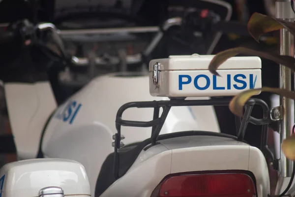 Moto Polícia Indonésia Close Inscrição Policial Indonésio — Fotografia de Stock