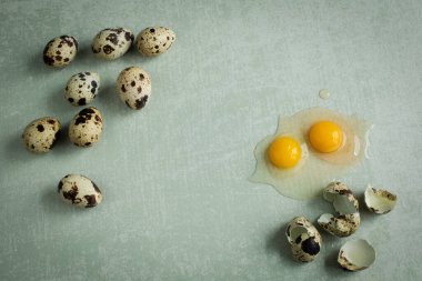 Top view of whole and broken quail eggs, yolks and egg shells on textured light green background with copyspace