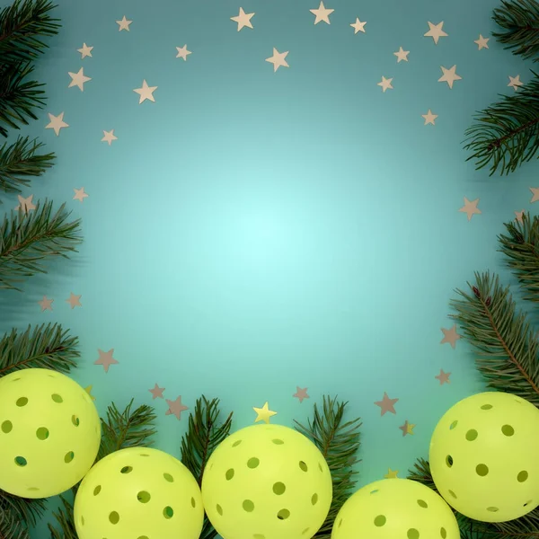 Pickleballs, yıldızlar ve çam dalları ile düz kare çerçeve uzanan açık mavi arkaplan üzerinde bir kopya alanı çerçeveleme